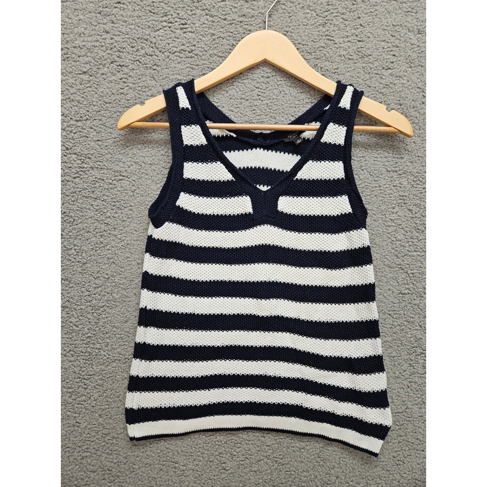 Talbots Sweater Tank Top SP Navy White Nautical Striped V-Neck Cotton Linen